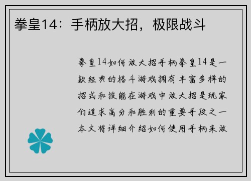 拳皇14：手柄放大招，极限战斗